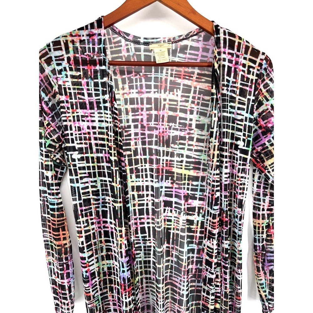 NYJC Womens Long Duster Cardigan Sz S-M Sheer Mesh Abstract Stretch Resort Artsy - Picture 3 of 10
